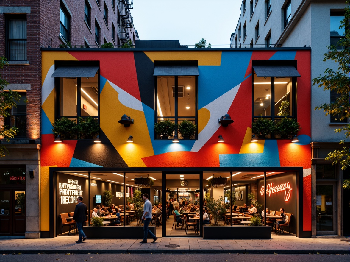 Prompt: Vibrant restaurant facade, expressionist architecture, bold geometric shapes, bright primary colors, abstract patterns, irregular forms, dynamic lighting effects, neon signs, metallic accents, industrial materials, exposed ductwork, urban cityscape, bustling streets, evening atmosphere, warm golden lighting, shallow depth of field, 1/1 composition, dramatic shadows, high-contrast textures.