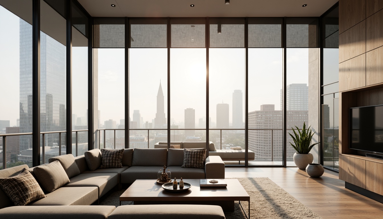 Prompt: Minimalist living room, floor-to-ceiling windows, sleek metal frames, automated blinds, solar shades, thermal insulation, energy-efficient glazing, soundproofing technology, urban cityscape views, morning sunlight, soft warm lighting, shallow depth of field, 3/4 composition, panoramic view, realistic textures, ambient occlusion, modern interior design, luxurious fabrics, subtle patterns, metallic accents.