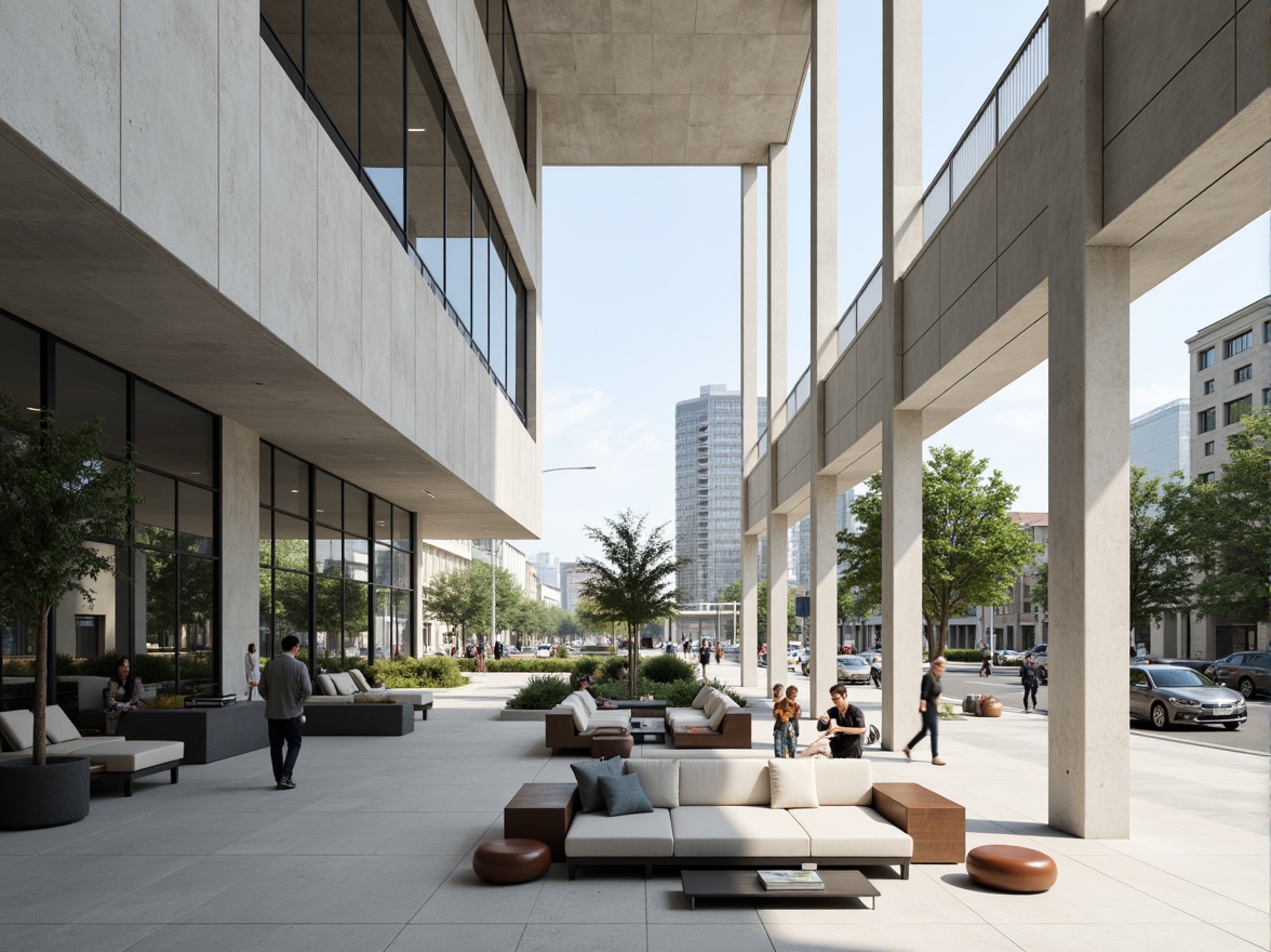 Prompt: Modernist building facade, clean lines, minimal ornamentation, monochromatic color scheme, smooth concrete surfaces, glass curtain walls, steel frames, open floor plans, functional simplicity, natural light pouring in, airy atmosphere, urban cityscape background, busy streets, contemporary furniture, sleek metal accents, subtle texture contrasts, 1/1 composition, high-key lighting, shallow depth of field.