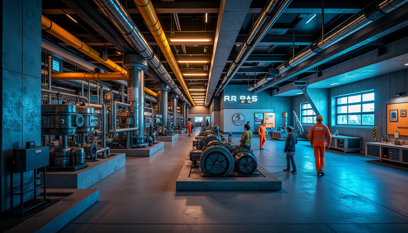 Prompt: Industrial energy plant, metallic structures, steel beams, pipes and valves, concrete foundations, functional machinery, neon-lit control rooms, warning signs, safety helmets, reflective vests, high-visibility colors, bold typography, dynamic lighting, dramatic shadows, 1/2 composition, cinematic atmosphere, realistic textures, ambient occlusion.