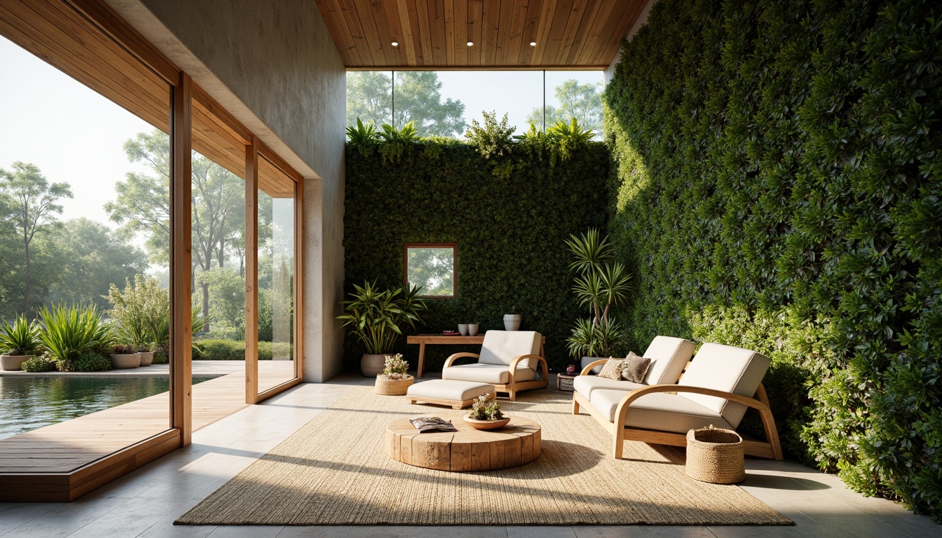 Prompt: Lush green walls, living roofs, natural ventilation systems, reclaimed wood accents, organic shapes, earthy color palette, abundant daylight, floor-to-ceiling windows, sliding glass doors, indoor plants, water features, natural stone flooring, bamboo textures, woven fiber rugs, minimalist decor, calming ambiance, soft diffused lighting, shallow depth of field, 2/3 composition, warm neutral tones, cozy reading nooks, nature-inspired patterns, eco-friendly materials, sustainable building practices.