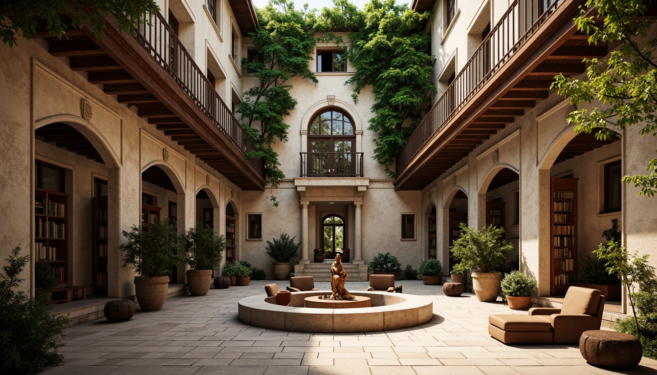 Prompt: Traditional university buildings, ivy-covered walls, ornate stone carvings, rich wood tones, warm beige stucco, classic columns, elegant archways, sophisticated neutral colors, earthy brown furniture, vintage leather-bound books, subtle golden accents, soft natural lighting, shallow depth of field, 1/1 composition, realistic textures, ambient occlusion.