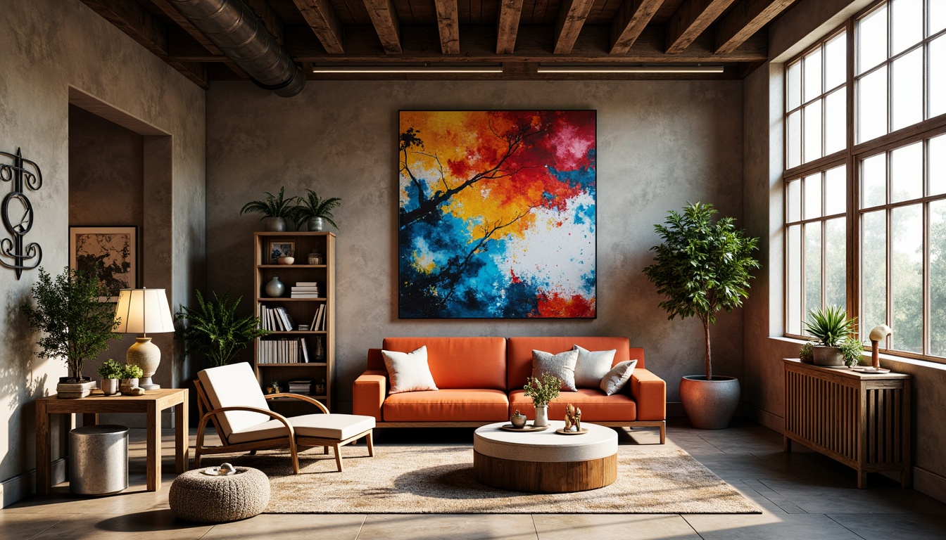 Prompt: Vibrant artistic studio, eclectic furniture, abstract artwork, bold color blocking, contrasting textures, rich wood accents, industrial metal fixtures, natural stone flooring, oversized windows, soft diffused lighting, warm atmospheric glow, 3/4 composition, intimate close-up shots, realistic material rendering, ambient occlusion.