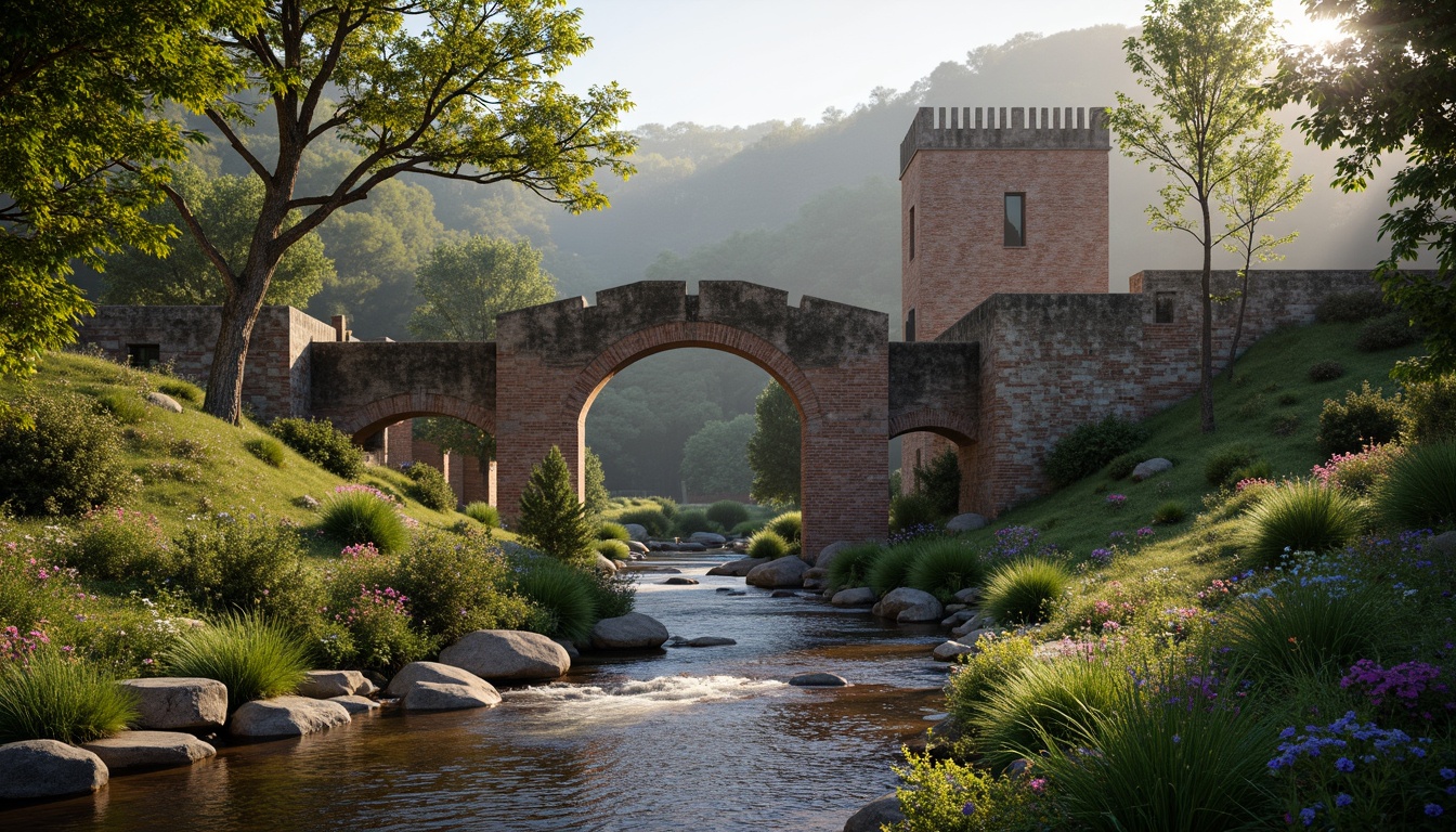 Prompt: Rustic stone bridges, arched structures, robust masonry, weathered brick facades, ornate stonework, sturdy piers, majestic arches, rough-hewn stones, earthy tones, natural textures, dramatic lighting, misty atmosphere, serene water flow, tranquil riverbanks, lush greenery, vibrant wildflowers, warm sunny day, soft diffused light, shallow depth of field, 3/4 composition, realistic stone details, ambient occlusion.