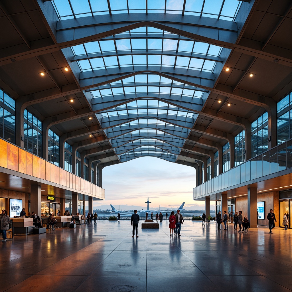 Prompt: Aerodynamic airport terminal, curved metallic fa\u00e7ades, angular glass roofs, cantilevered canopies, dynamic LED lighting, futuristic entrance gates, sleek steel columns, minimalist interior design, polished concrete floors, modern check-in counters, vibrant digital displays, bustling departure lounges, panoramic views of airfields, warm natural light, shallow depth of field, 1/1 composition, realistic reflections, ambient occlusion.