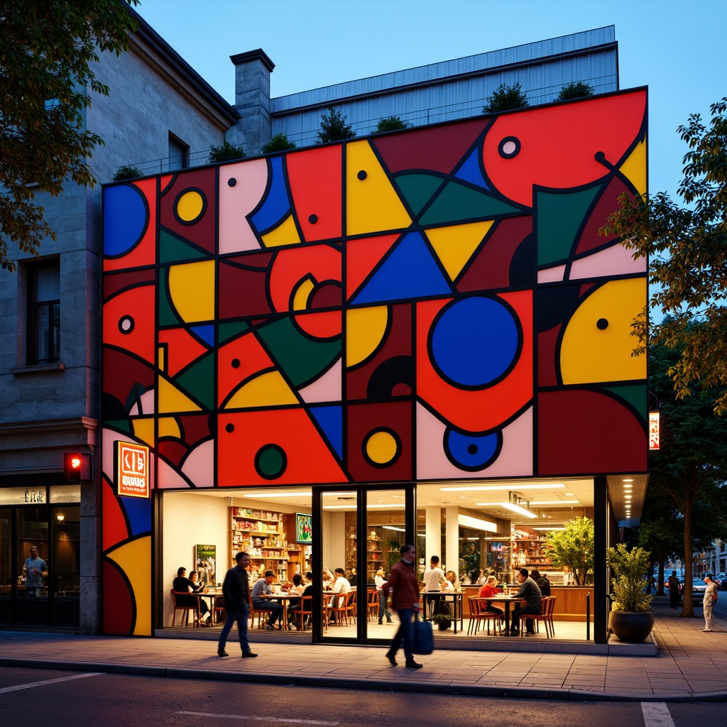 Prompt: Vibrant restaurant facade, expressionist architecture, bold geometric shapes, bright primary colors, abstract patterns, irregular forms, dynamic lighting effects, neon signs, metallic accents, industrial materials, exposed ductwork, urban cityscape, bustling streets, evening atmosphere, warm golden lighting, shallow depth of field, 1/1 composition, dramatic shadows, high-contrast textures.