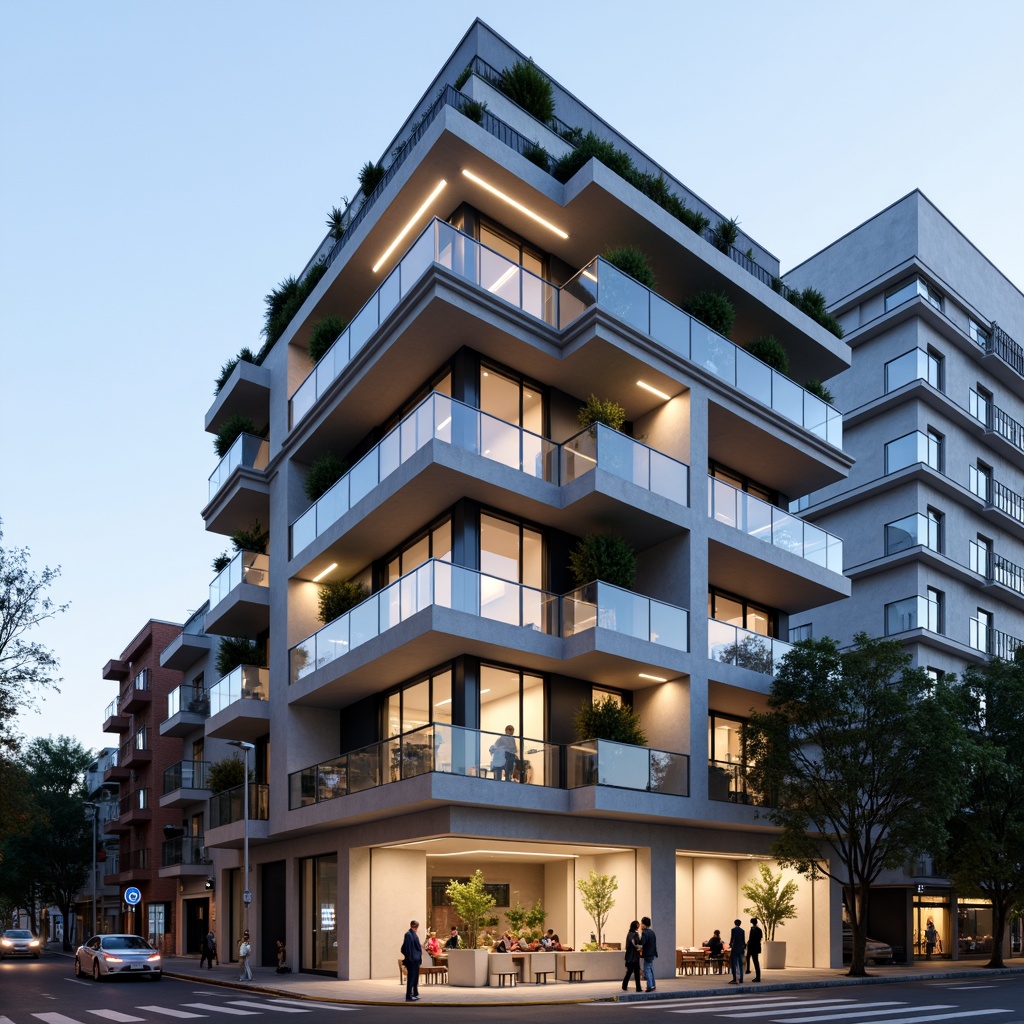 Prompt: Modern apartment building, international style facade, sleek glass balconies, minimalist railings, neutral color palette, clean lines, rectangular forms, urban cityscape, bustling streets, contemporary architecture, floor-to-ceiling windows, sliding glass doors, natural stone cladding, metallic accents, subtle LED lighting, shallow depth of field, 1/1 composition, realistic reflections, ambient occlusion.