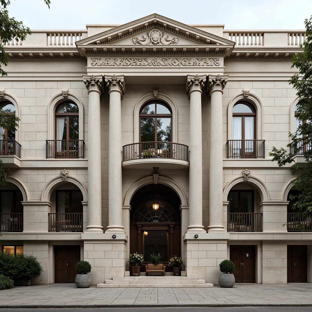 Prompt: Grandiose classical facade, ornate columns, intricately carved details, symmetrical composition, majestic entrance, sweeping arches, rusticated stone walls, ornamental balconies, decorative cornices, grand pediments, imposing scale, subtle color palette, soft natural lighting, shallow depth of field, 2/3 composition, realistic textures, ambient occlusion.