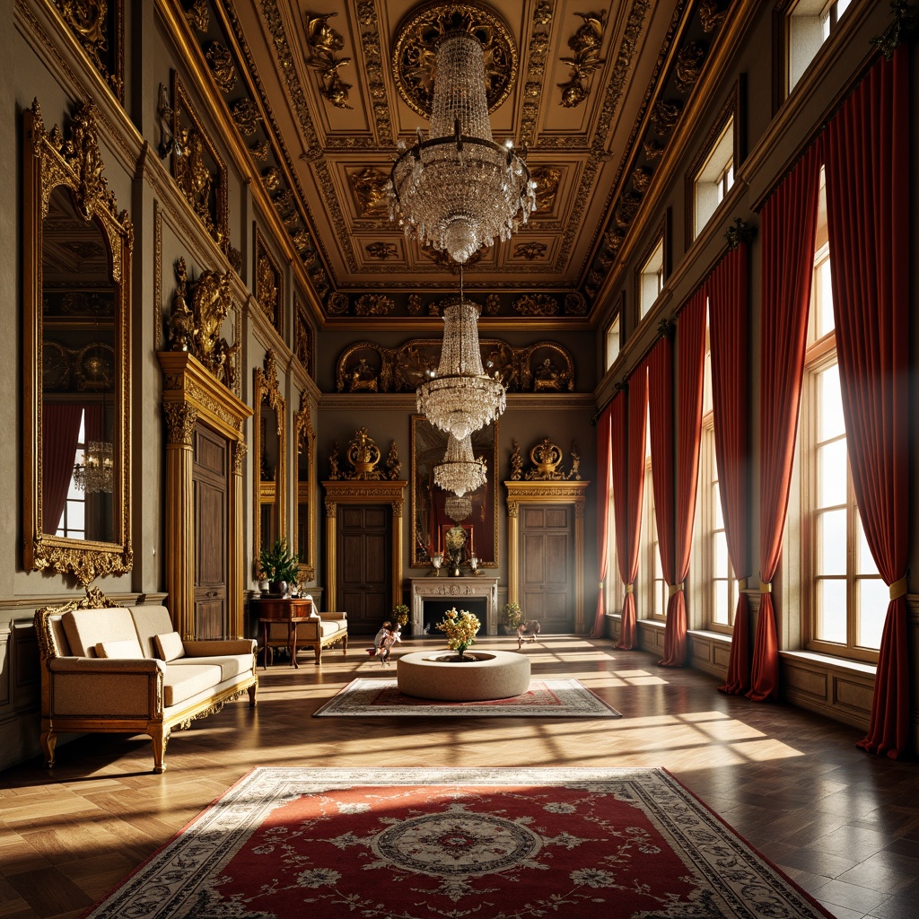 Prompt: Ornate Baroque palace, intricately carved stone facades, gilded ornamental details, lavish velvet drapes, polished marble floors, ornamental plaster ceilings, richly patterned rugs, grandiose chandeliers, warm golden lighting, dramatic shadows, high-contrast composition, detailed textures, realistic reflections, ambient occlusion.