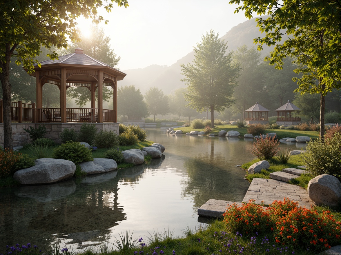 Prompt: Soft misty lake, serene water reflections, lush greenery, vibrant flowers, rustic wooden docks, weathered stone walls, charming gazebos, ornate metal railings, whimsical lanterns, warm golden lighting, shallow depth of field, 3/4 composition, panoramic view, realistic textures, ambient occlusion, earthy tone color palette, moss-covered stones, driftwood accents, soft blue-grey hues, creamy whites, warm beige tones, natural stone pathways, meandering boardwalks, tranquil atmosphere.