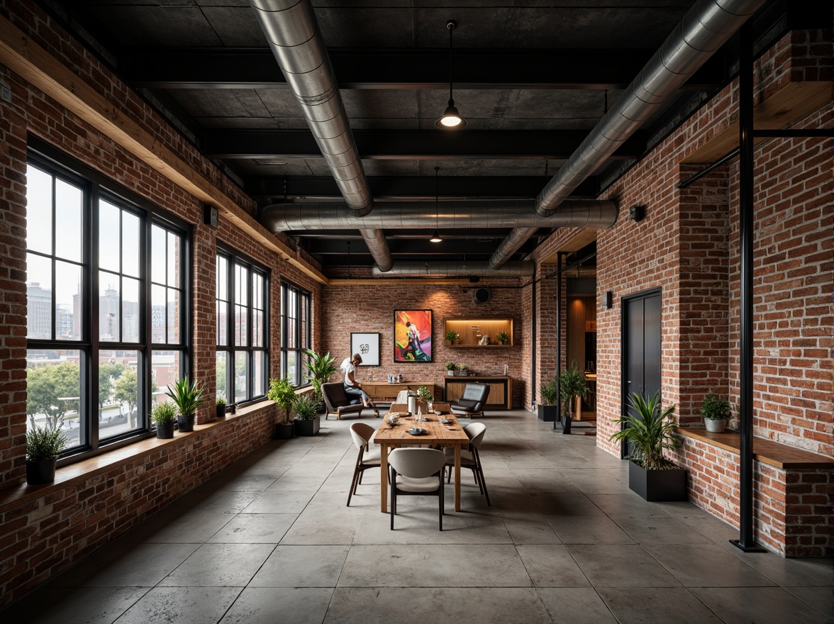 Prompt: Exposed brick walls, metal beams, reclaimed wood accents, industrial-style lighting fixtures, concrete floors, urban cityscape views, converted warehouse spaces, modern minimalist decor, functional pipes and ductwork, distressed finishes, edgy architectural lines, moody atmospheric lighting, shallow depth of field, 2/3 composition, gritty realistic textures, ambient occlusion.