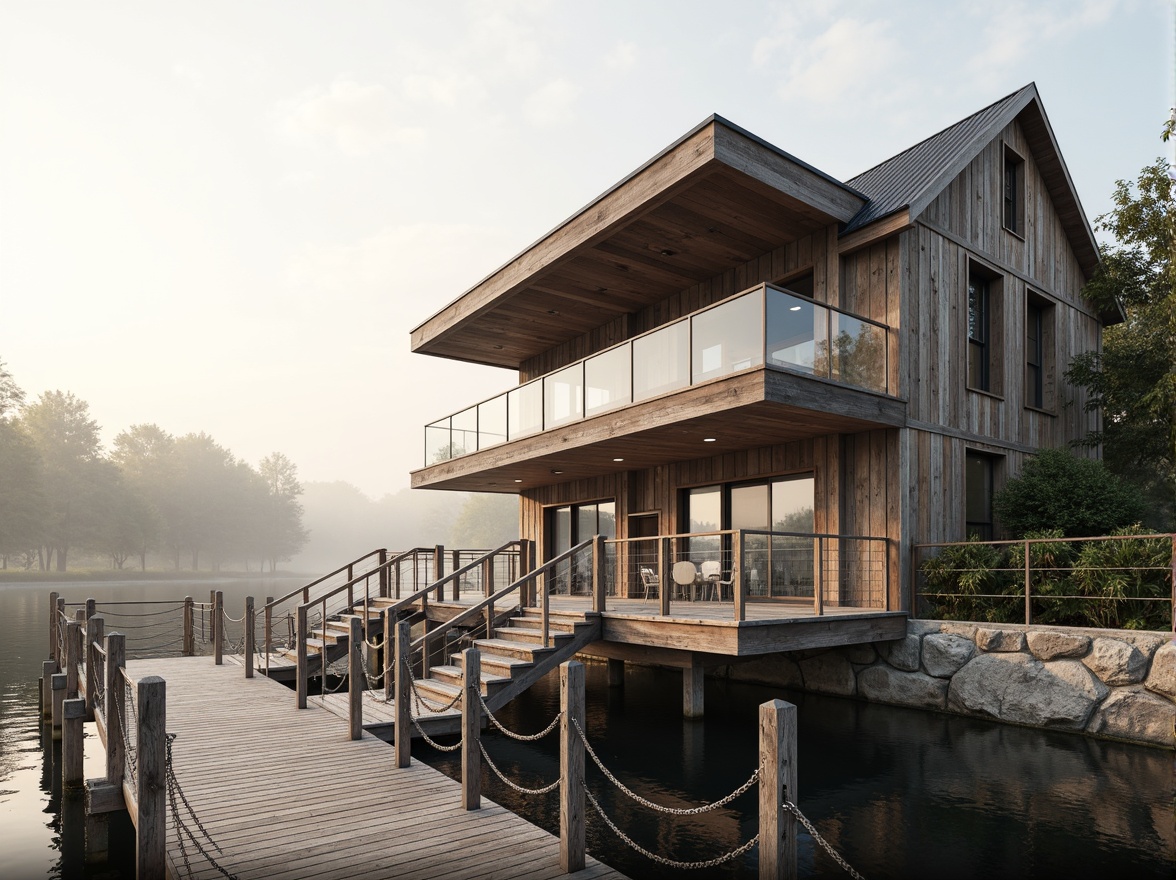 Prompt: Weathered wood accents, rustic metal cladding, nautical rope details, glass railings, wooden dockwalks, sailboat-inspired design, waterfront location, serene lake views, misty morning atmosphere, soft warm lighting, shallow depth of field, 3/4 composition, panoramic view, realistic textures, ambient occlusion, natural stone foundations, reclaimed wood siding, corrugated metal roofs, marine-grade materials, ocean-inspired color palette, driftwood grey tones, sea-salt white hues.