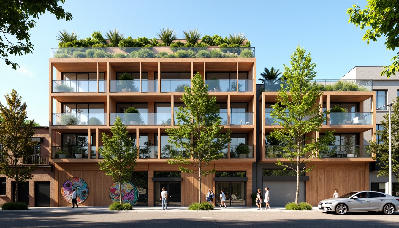 Prompt: Contemporary building facade, harmonious color scheme, earthy tones, natural materials, wooden accents, green roofs, living walls, vibrant street art, urban landscape, sunny afternoon, soft warm lighting, shallow depth of field, 3/4 composition, panoramic view, realistic textures, ambient occlusion.