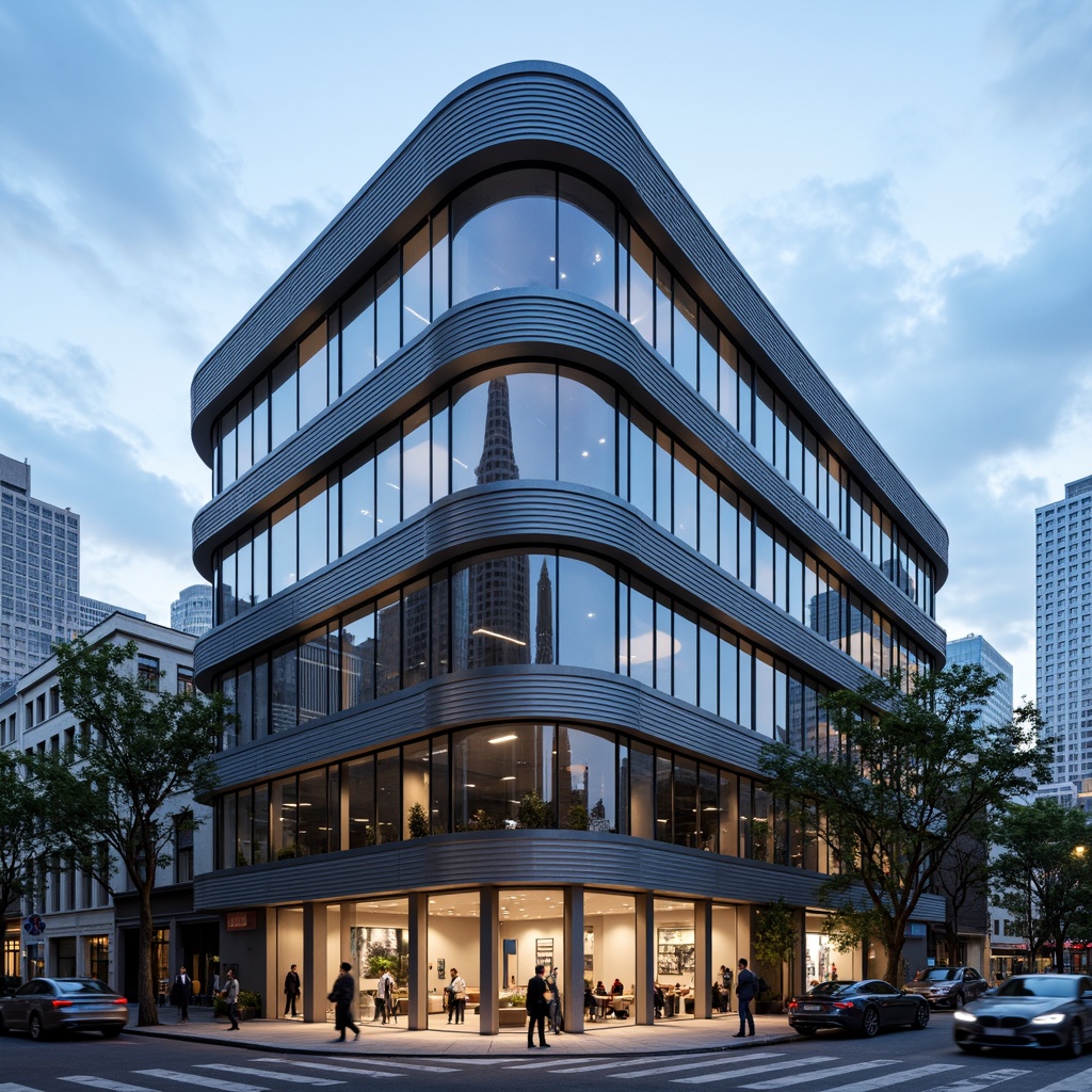 Prompt: Curved building facade, metallic materials, polished chrome accents, horizontal lines, minimalist ornamentation, rounded corners, large windows, sliding glass doors, urban cityscape, busy streets, modern skyscrapers, cloudy blue sky, soft natural lighting, shallow depth of field, 2/3 composition, symmetrical balance, realistic reflections, ambient occlusion.