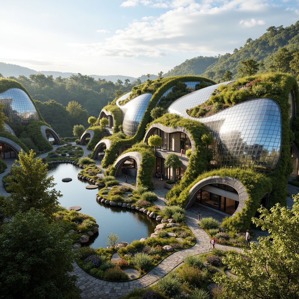 Prompt: Organic blob-shaped buildings, curved lines, futuristic architecture, iridescent colors, glossy surfaces, reflective materials, lush green roofs, verdant walls, natural stone foundations, winding water features, serene ponds, walking paths, scenic overlooks, vibrant flowerbeds, native plant species, warm sunny day, soft diffused lighting, shallow depth of field, 3/4 composition, panoramic view, realistic textures, ambient occlusion.