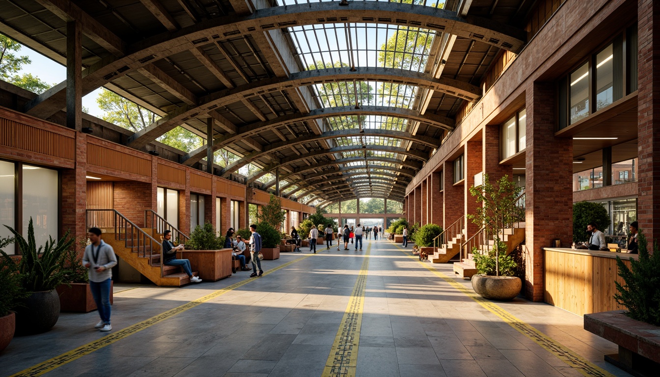 Prompt: Vibrant metro station, eclectic mix of materials, industrial steel beams, polished concrete floors, reclaimed wood accents, colorful ceramic tiles, ornate metalwork, intricate mosaics, futuristic LED lighting, dynamic curves, angular lines, brutalist architecture, urban jungle atmosphere, rush hour crowds, warm golden lighting, shallow depth of field, 1/1 composition, realistic textures, ambient occlusion.