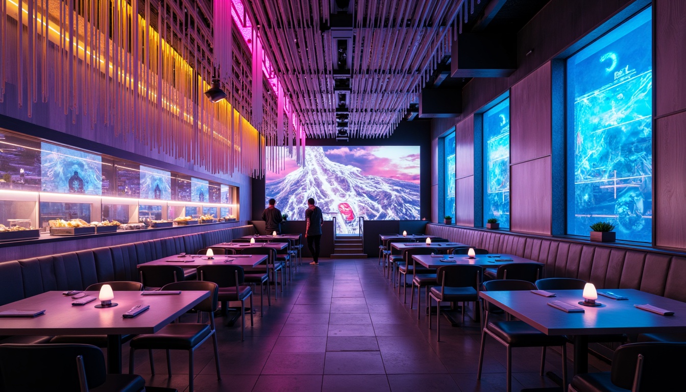 Prompt: Futuristic dining hall, neon-lit ambiance, holographic projections, LED ceiling installations, fiber-optic chandeliers, iridescent color schemes, metallic accents, minimalist tables, sleek chairs, ambient glow, soft pulsing lights, 3D-printed fixtures, parametric design, algorithmic patterns, cyberpunk-inspired decor, virtual reality experiences, augmented reality interactions, futuristic materials, electro-luminescent walls, kinetic sculptures, dynamic lighting systems, immersive atmosphere, high-tech gadgetry, sci-fi elements.