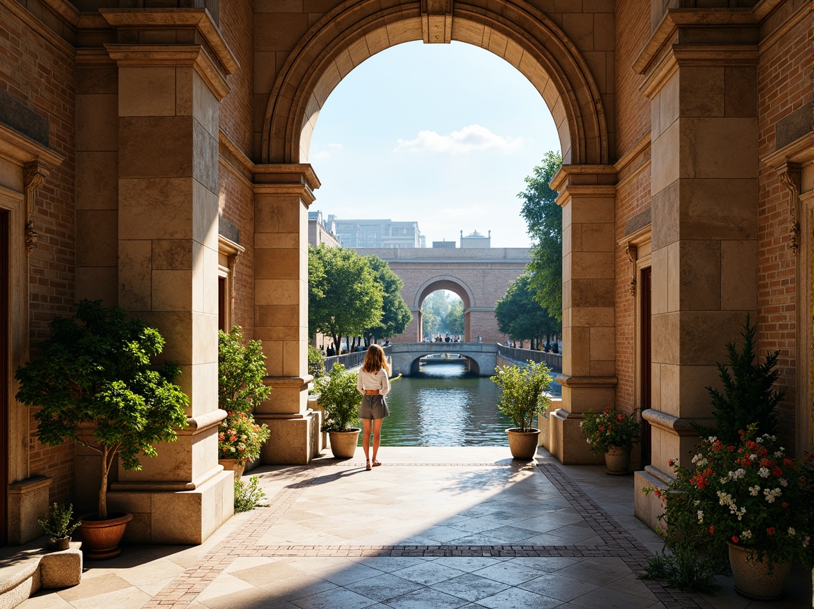 Prompt: Elegant archways, ornate stone carvings, rustic brick facades, grandiose bridge structures, serene water reflections, lush greenery, vibrant flowers, majestic river views, sunny day, soft warm lighting, shallow depth of field, 3/4 composition, panoramic view, realistic textures, ambient occlusion, Renaissance-inspired ornateness, classical columns, symmetrical architecture, decorative balustrades, intricate stonework, weathered copper details, ornate metal railings.