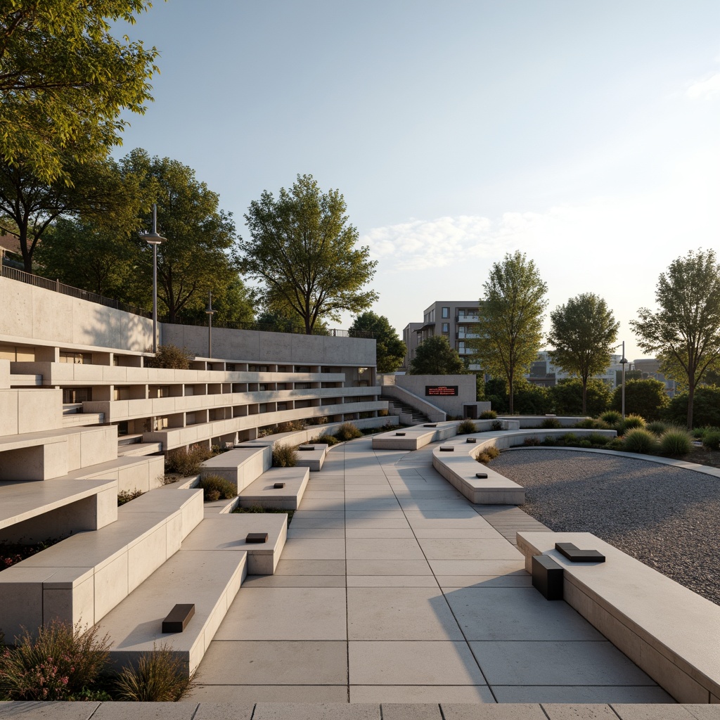 Prompt: Minimalist amphitheater, natural stone seating, sleek metal railings, polished concrete floors, simple wooden benches, subtle LED lighting, open sky above, warm sunny day, soft shadows, shallow depth of field, 3/4 composition, panoramic view, realistic textures, ambient occlusion, weathered steel accents, industrial-style lamps, geometric-shaped planters, sparse greenery, gravel pathways, modern minimalist architecture, clean lines, monochromatic color scheme.