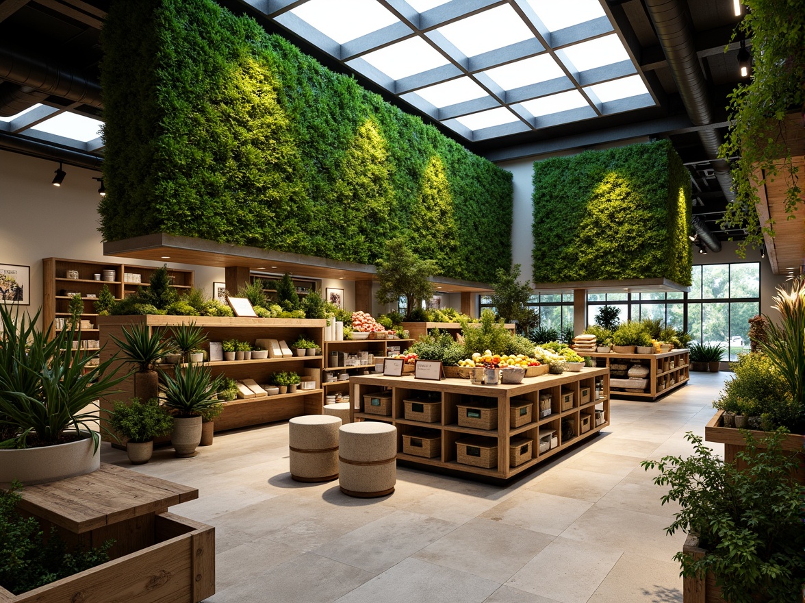 Prompt: Vibrant green walls, living plants, natural stone flooring, reclaimed wood accents, earthy color palette, organic produce displays, botanical-inspired signage, rustic wooden crates, woven basket shelves, abundant natural light, clerestory windows, skylights, warm ambient lighting, 3/4 composition, shallow depth of field, realistic textures, ambient occlusion.