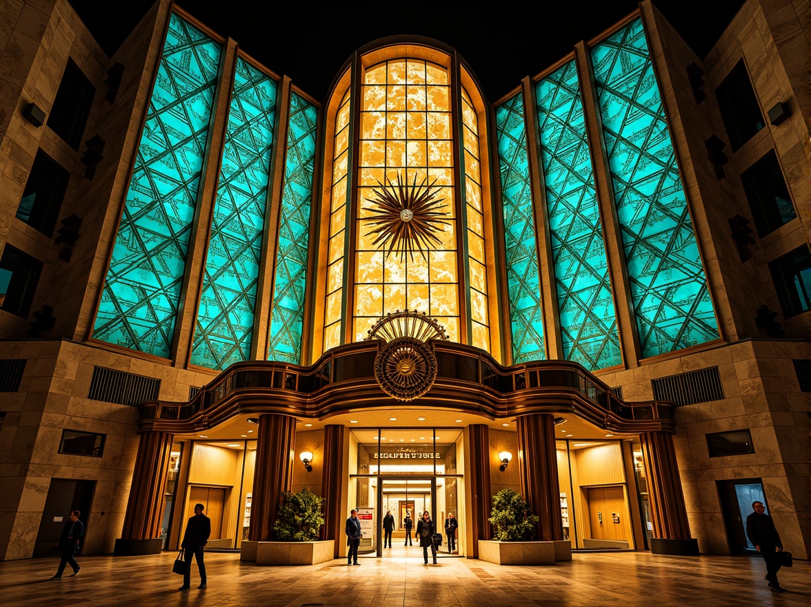 Prompt: Opulent Art Deco monument, lavish golden accents, rich bronze tones, vibrant turquoise mosaics, geometric patterns, ornate metalwork, luxurious marble surfaces, bold black outlines, stylized floral motifs, sunburst designs, zigzag patterns, metallic sheen, warm ambient lighting, shallow depth of field, 1/1 composition, symmetrical framing, high-contrast colors, intricate textures, realistic reflections.