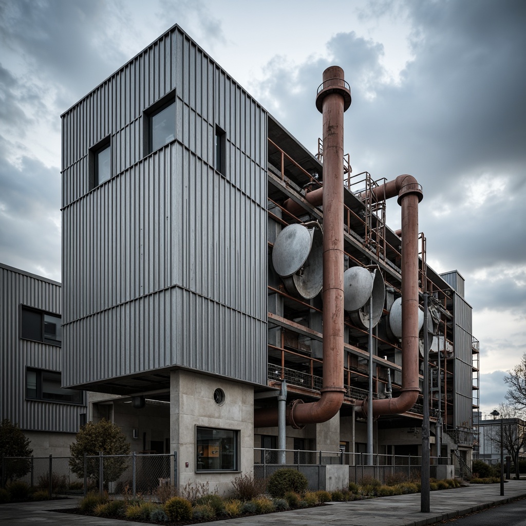 Prompt: Industrial energy plant, metallic fa\u00e7ade, corrugated steel panels, reinforced concrete structures, functional pipes, mechanical equipment, urban landscape, cloudy sky, dramatic lighting, high contrast, 1/2 composition, symmetrical framing, realistic reflections, ambient occlusion, rusted metal textures, worn concrete surfaces, industrial aesthetic, brutalist architecture, functional design, sustainable energy solutions.