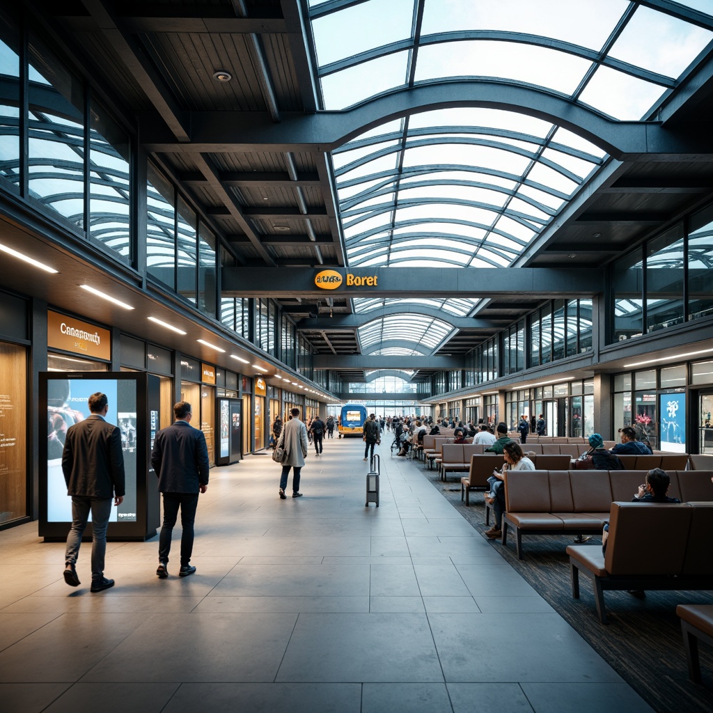 Prompt: Modern bus station interior, sleek metal framework, glass roofs, natural light pouring in, efficient passenger flow, clear signage, digital displays, comfortable seating areas, ample legroom, charging stations, minimalist decor, industrial-style flooring, urban atmosphere, busy morning commute, soft overhead lighting, shallow depth of field, 1/1 composition, realistic textures, ambient occlusion.