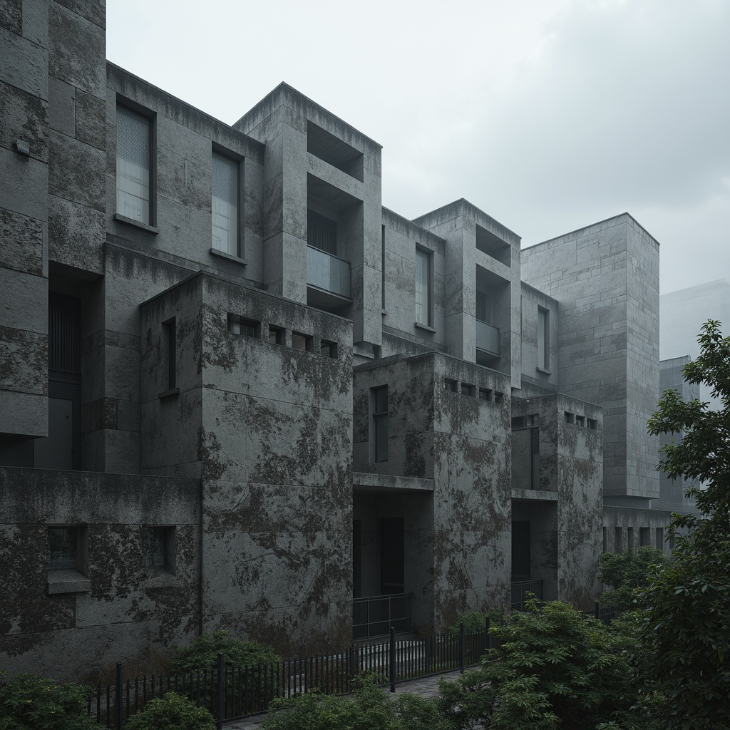 Prompt: Rough-hewn concrete walls, rugged stone textures, brutalist architecture, fortress-like structures, imposing fa\u00e7ades, geometric shapes, raw industrial materials, distressed finishes, urban landscapes, overcast skies, dramatic shadows, high-contrast lighting, cinematic composition, gritty realistic renderings, atmospheric misting effects.