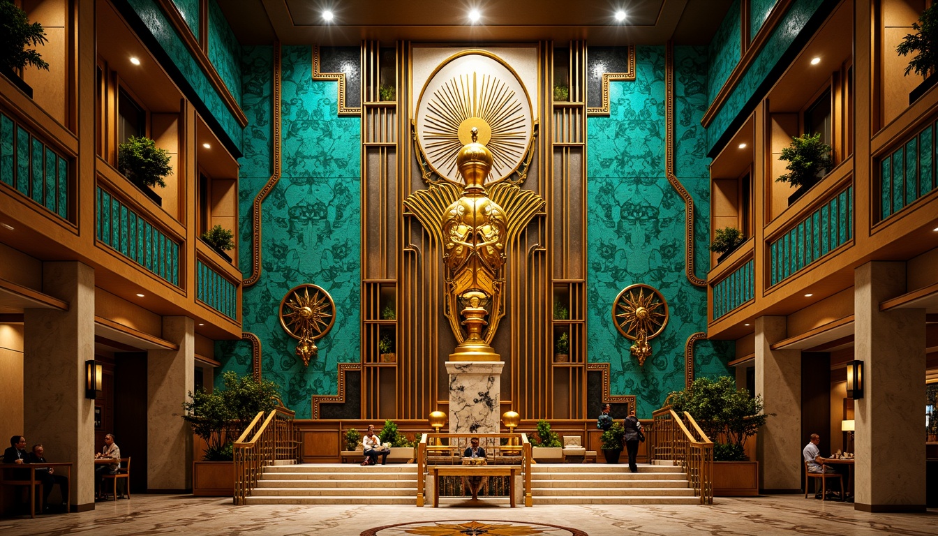 Prompt: Opulent Art Deco monument, lavish golden accents, rich bronze tones, vibrant turquoise mosaics, geometric patterns, ornate metalwork, luxurious marble surfaces, bold black outlines, stylized floral motifs, sunburst designs, zigzag patterns, metallic sheen, warm ambient lighting, shallow depth of field, 1/1 composition, symmetrical framing, high-contrast colors, intricate textures, realistic reflections.