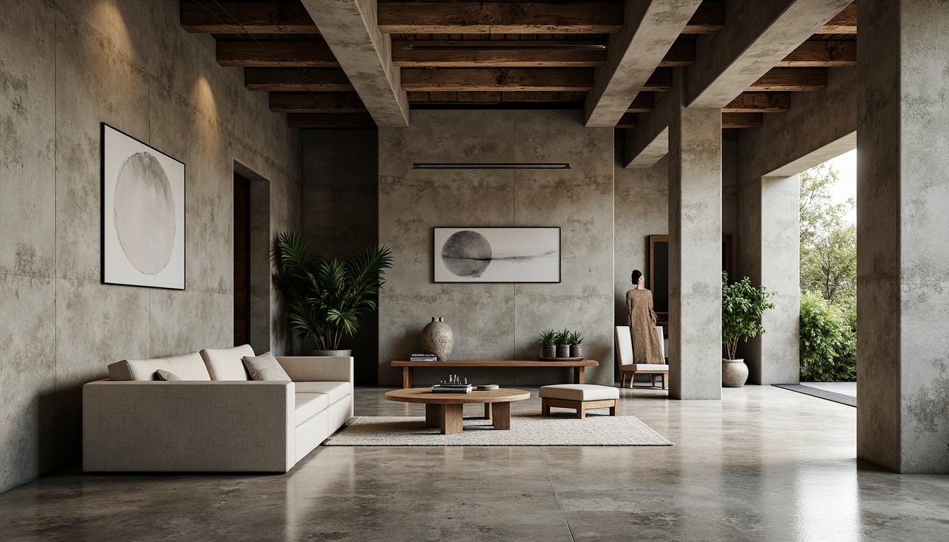 Prompt: Exposed concrete walls, rugged stone floors, industrial metal beams, brutalist architecture, raw unfinished textures, earthy tone color palette, muted greenery, weathered wood accents, functional minimalist decor, utilitarian furniture, cold harsh lighting, dramatic shadows, 1/1 composition, high contrast ratio, realistic material rendering, ambient occlusion.