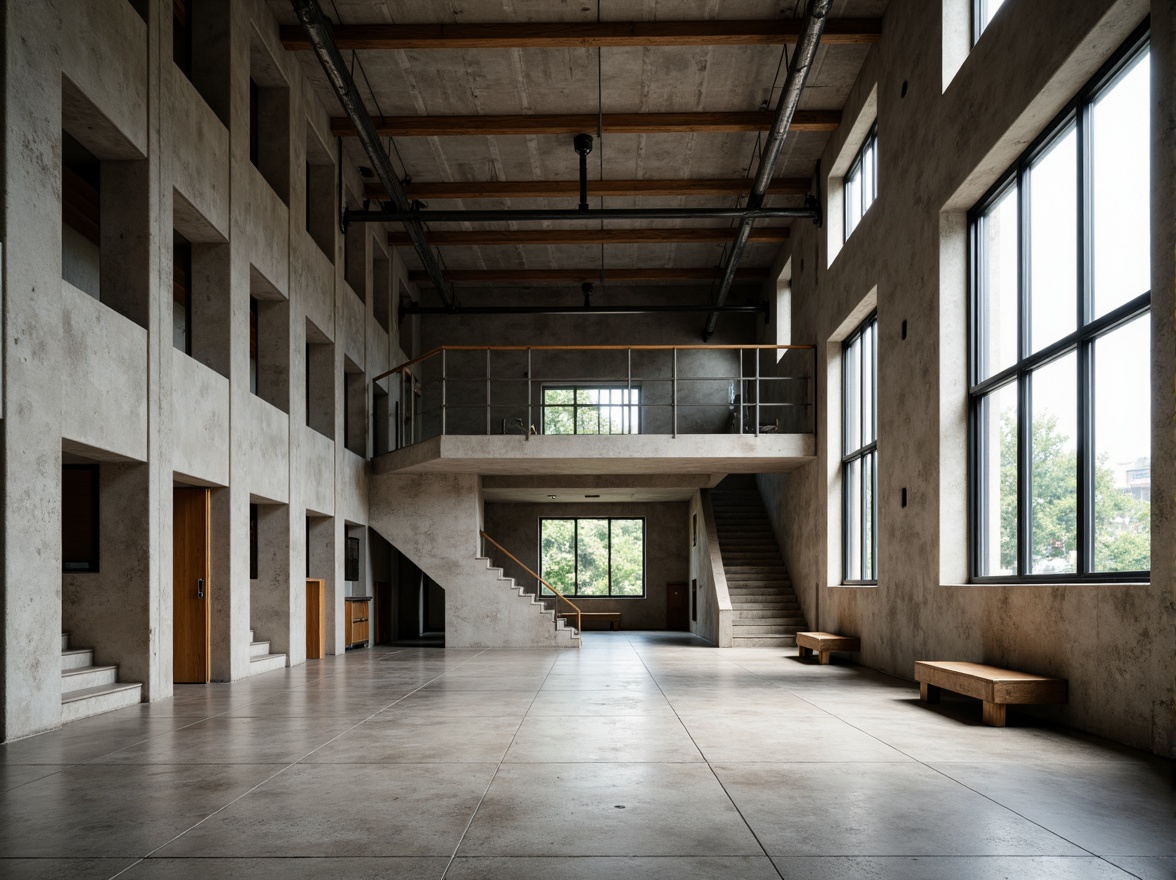 Prompt: Rugged brutalist school building, raw concrete walls, industrial metal beams, exposed ductwork, minimalist decor, functional architecture, earthy tone color palette, muted grays, weathered browns, industrial blues, warm beige accents, natural stone flooring, polished concrete surfaces, geometric patterns, urban landscape, overcast skies, dramatic shadows, high contrast lighting, 1/1 composition, symmetrical framing, realistic textures, ambient occlusion.