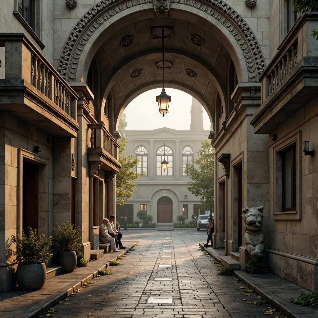 Prompt: Intricate stone carvings, ornate balustrades, grand arches, rustic stonework, weathered statues, mythological creatures, floral patterns, curved railings, decorative lamp posts, cobblestone roads, serene water reflections, soft warm lighting, misty morning atmosphere, 1/2 composition, symmetrical framing, realistic textures, ambient occlusion.