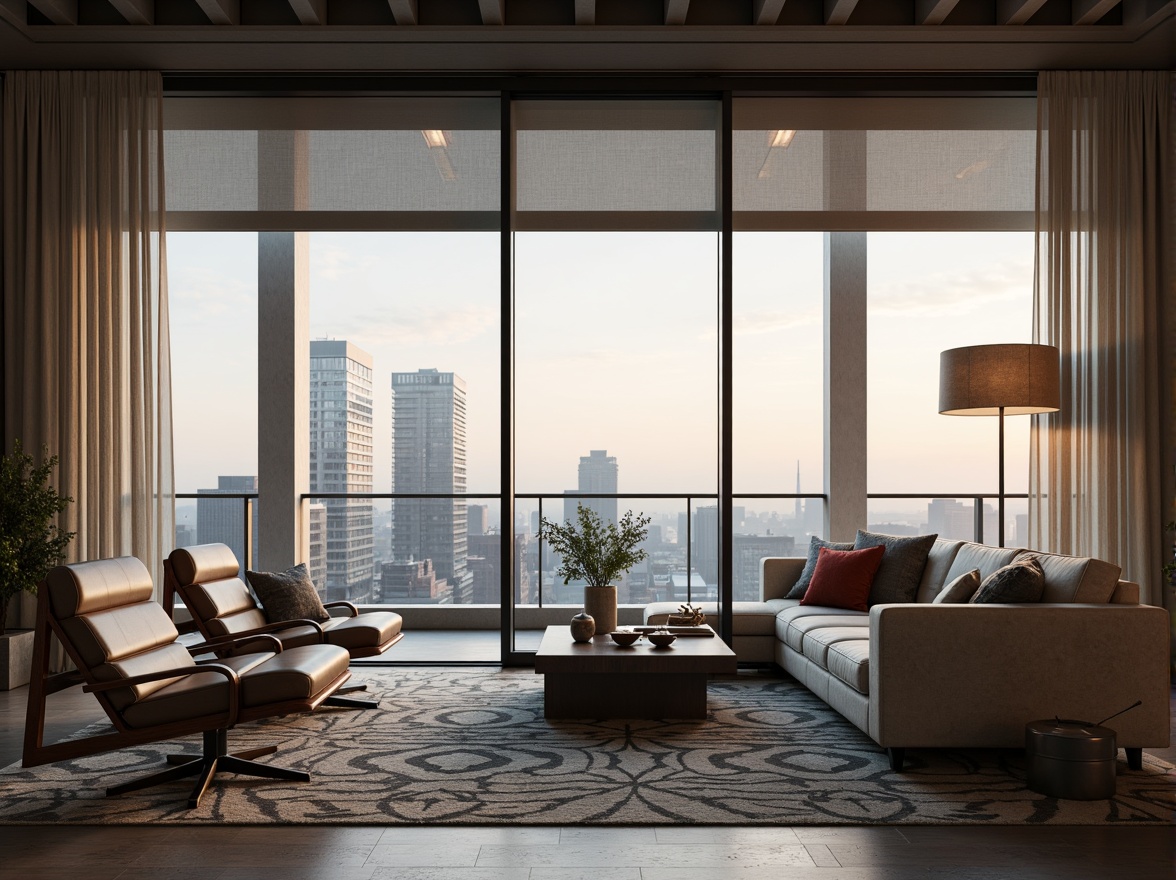 Prompt: Minimalist living room, floor-to-ceiling windows, sleek metal frames, motorized blinds, sheer curtains, ambient natural light, soft warm glow, 1/1 composition, shallow depth of field, realistic textures, modern minimalist furniture, low-profile sofas, geometric-patterned rugs, industrial-chic decor, urban loft atmosphere, cityscape views, panoramic vistas, innovative solar screens, thermal insulation, energy-efficient solutions, smart home automation.