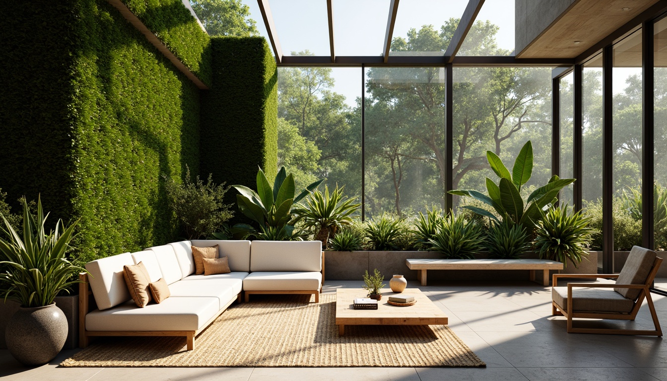 Prompt: Lush green walls, living roofs, natural ventilation systems, reclaimed wood accents, organic shapes, earthy color palette, abundant daylight, floor-to-ceiling windows, sliding glass doors, indoor plants, water features, natural stone flooring, bamboo textures, woven fiber rugs, minimalist decor, calming ambiance, soft diffused lighting, shallow depth of field, 2/3 composition, warm neutral tones, cozy reading nooks, nature-inspired patterns, eco-friendly materials, sustainable building practices.