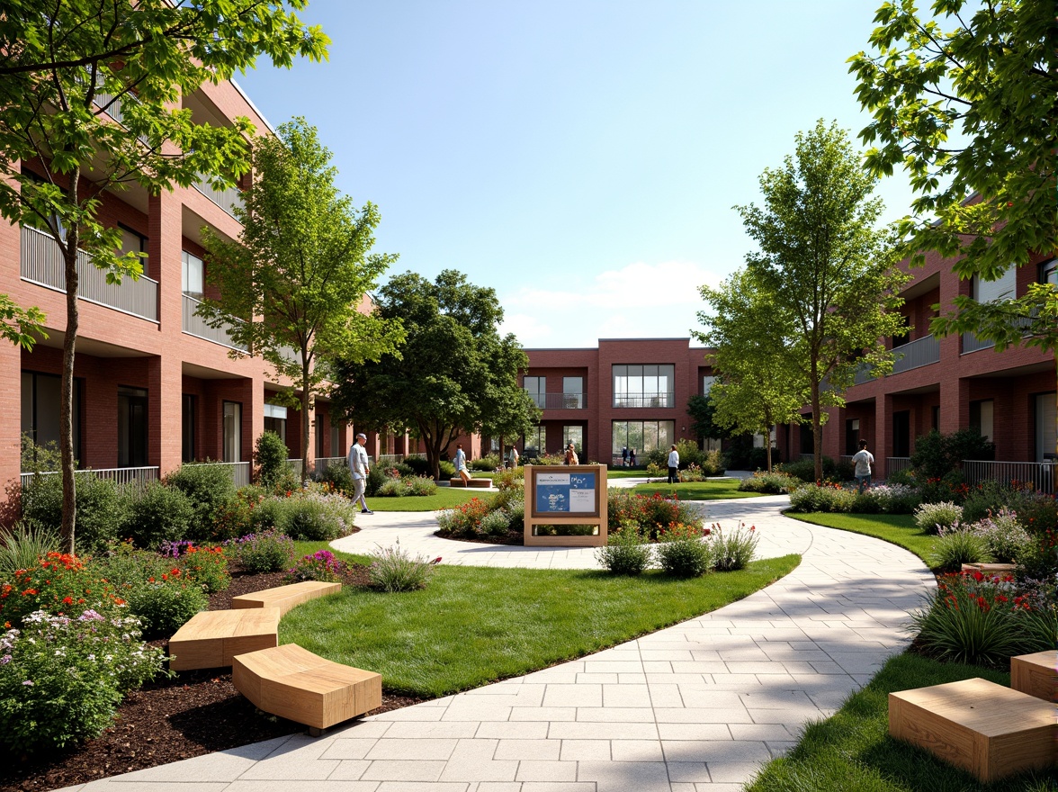 Prompt: Vibrant community center courtyard, lush greenery, blooming flowers, meandering walkways, natural stone seating areas, wooden benches, educational signage, modern architecture, large windows, glass doors, sunny day, soft warm lighting, shallow depth of field, 3/4 composition, panoramic view, realistic textures, ambient occlusion, community gardens, raised planters, outdoor classrooms, public art installations, interactive water features, children's play areas, accessible ramps, sustainable irrigation systems, eco-friendly materials, innovative stormwater management.