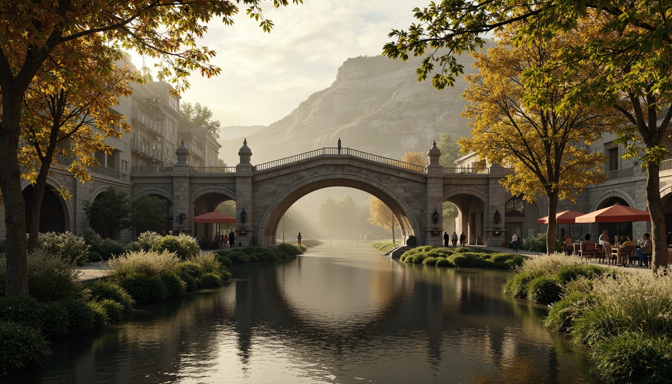 Prompt: Ancient stone bridges, ornate balustrades, rustic arches, weathered stonework, moss-covered piers, tranquil water reflections, serene riverbanks, lush greenery, vibrant flowers, historic lamp posts, decorative ironwork, grandiose entranceways, symmetrical composition, warm golden lighting, soft misty atmosphere, 1/2 composition, realistic textures, ambient occlusion.