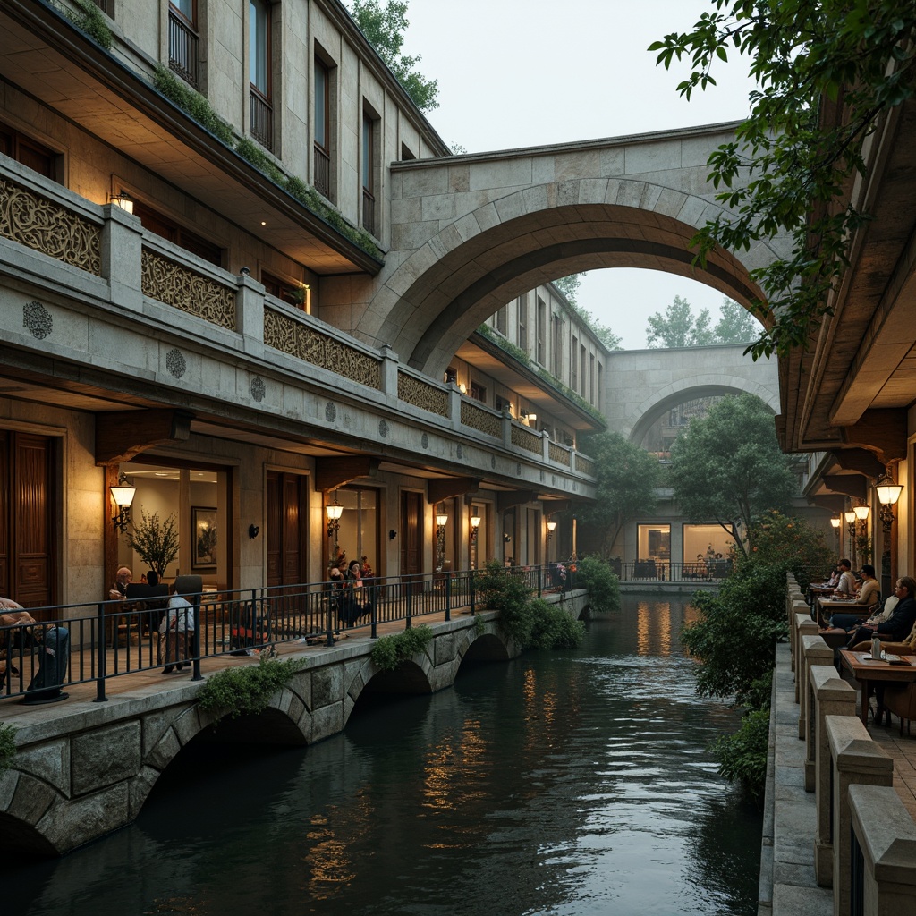 Prompt: Ornate balustrades, intricately carved stone railings, grandiose bridge architecture, sweeping curves, majestic arches, ornamental lanterns, decorative metalwork, rustic stonework, moss-covered surfaces, serene water reflections, soft warm lighting, misty atmosphere, shallow depth of field, 1/2 composition, realistic textures, ambient occlusion.