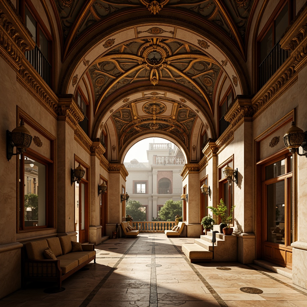 Prompt: Grandiose arches, ornate carvings, gilded details, lavish decorations, sweeping curves, dramatic lighting, opulent materials, marble columns, intricate frescoes, vaulted ceilings, grand staircases, majestic entranceways, symmetrical compositions, warm golden tones, soft chiaroscuro, high contrast ratios, 1/2 composition, atmospheric perspective, realistic textures, ambient occlusion.