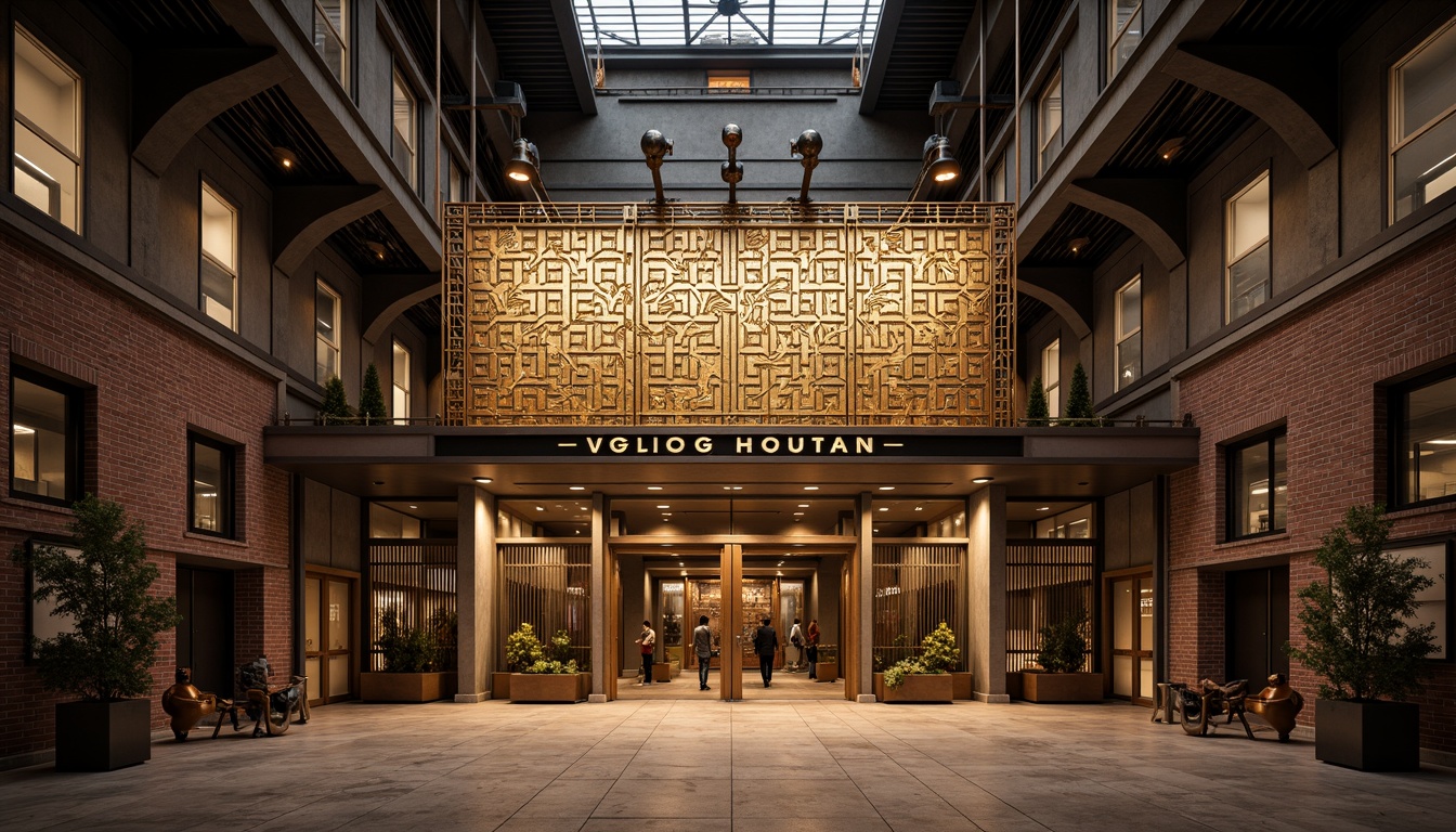 Prompt: Geometric factory facade, Art Deco patterns, metallic materials, industrial chic, ornate decorations, symmetrical composition, bold typography, vintage machinery, exposed brick walls, steel beams, polished concrete floors, grand entrance gates, dramatic spotlights, warm golden lighting, low-angle shot, 1/2 composition, realistic reflections, ambient occlusion.