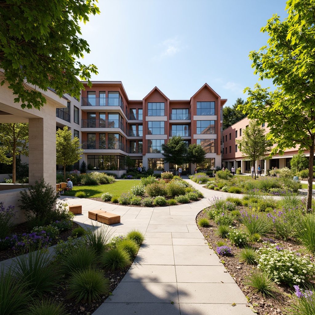 Prompt: Vibrant community center courtyard, lush greenery, blooming flowers, meandering walkways, natural stone seating areas, wooden benches, educational signage, modern architecture, large windows, glass doors, sunny day, soft warm lighting, shallow depth of field, 3/4 composition, panoramic view, realistic textures, ambient occlusion, community gardens, raised planters, outdoor classrooms, public art installations, interactive water features, children's play areas, accessible ramps, sustainable irrigation systems, eco-friendly materials, innovative stormwater management.