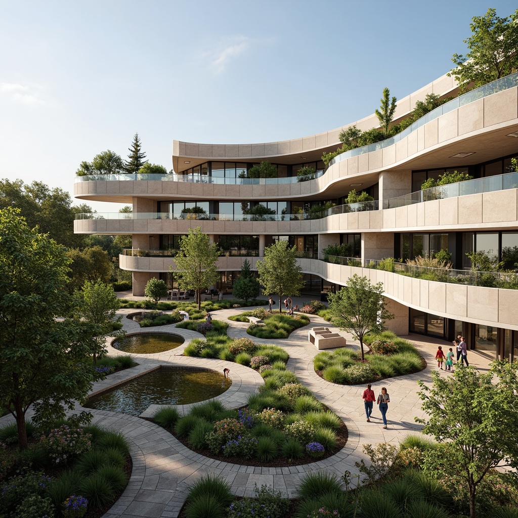 Prompt: Curved building silhouette, harmonious landscape integration, lush green roofs, natural stone walls, reflective glass fa\u00e7ades, minimalist design, sleek metal accents, cantilevered structures, serene water features, meandering walkways, vibrant flowerbeds, native plant species, sunny day, soft warm lighting, shallow depth of field, 3/4 composition, panoramic view, realistic textures, ambient occlusion.