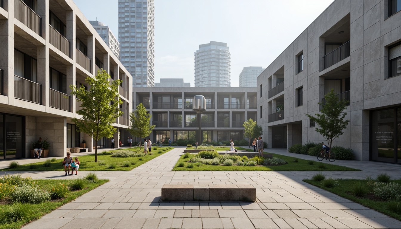 Prompt: Rugged concrete buildings, brutalist architecture, open plazas, sprawling green lawns, abstract sculptures, modern art installations, industrial-style benches, exposed ductwork, raw concrete textures, dramatic shading, harsh overhead lighting, 1/1 composition, symmetrical framing, bold color accents, urban landscape, educational signage, pedestrian walkways, bike racks, minimalist landscaping, functional water features, angular staircases, cantilevered structures.