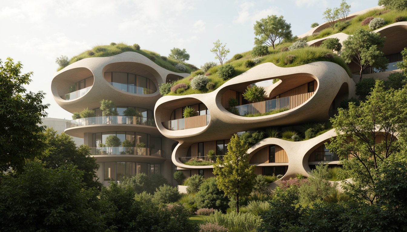 Prompt: Curved blob-like structures, organic forms, soft rounded edges, natural materials, earthy tones, moss-covered walls, wooden accents, irregular shapes, fluid lines, futuristic architecture, sustainable design, eco-friendly materials, green roofs, living walls, vibrant plant life, misty atmosphere, warm diffused lighting, shallow depth of field, 1/1 composition, realistic textures, ambient occlusion.