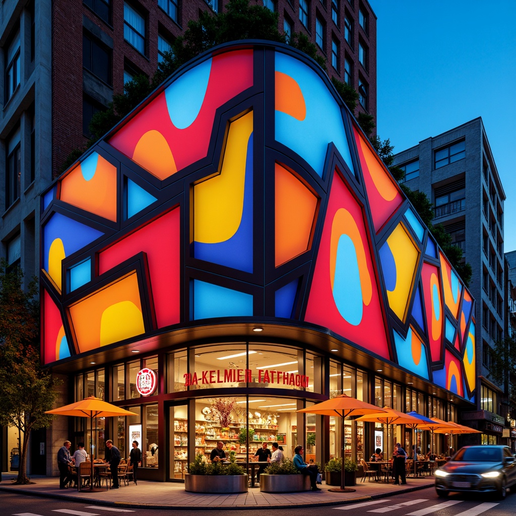 Prompt: Vibrant restaurant facade, expressionist architecture, bold geometric shapes, bright primary colors, abstract patterns, irregular forms, dynamic lighting effects, neon signs, metallic accents, industrial materials, exposed ductwork, urban cityscape, bustling streets, evening atmosphere, warm golden lighting, shallow depth of field, 1/1 composition, dramatic shadows, high-contrast textures.