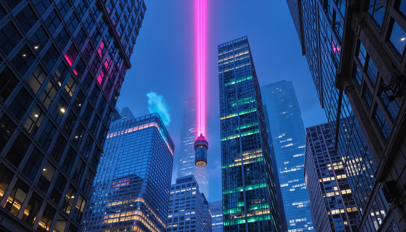 Prompt: Futuristic skyscrapers, neon-lit cityscapes, metallic surfaces, iridescent hues, LED light installations, holographic projections, cyberpunk aesthetics, sleek glass facades, angular lines, minimalist design, vibrant color accents, electric blue tones, hot pink highlights, neon green strips, chrome finishes, mirror-like reflections, high-gloss materials, luminescent textures, 3D modeling, futuristic urban planning, virtual reality integration, augmented reality experiences, panoramic city views, low-poly geometry, atmospheric lighting, cinematic compositions.