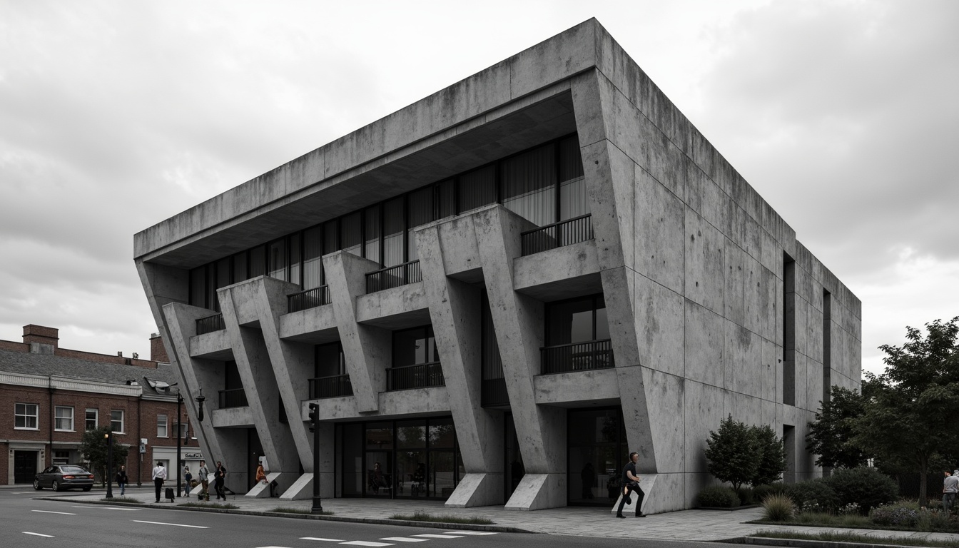 Prompt: Rugged concert house facade, brutalist architecture style, raw concrete textures, fortress-like structure, asymmetrical composition, dramatic cantilevered roofs, industrial metal accents, minimalist ornamentation, bold geometric forms, monochromatic color scheme, urban cityscape background, cloudy overcast sky, high-contrast lighting, deep shadows, 1/2 composition, cinematic camera angle, gritty realistic rendering.