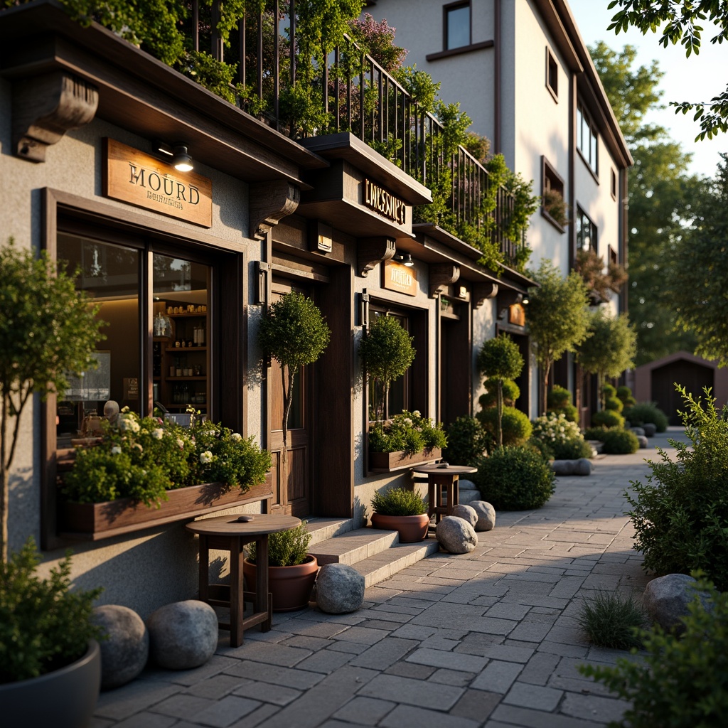 Prompt: Rustic pub exterior, ornate Baroque-style fa\u00e7ade, lush greenery, overflowing flower boxes, distressed wooden accents, vintage lanterns, meandering stone pathways, natural rock formations, moss-covered statues, whimsical topiaries, soft warm lighting, golden hour ambiance, shallow depth of field, 1/2 composition, intimate atmosphere, realistic textures, ambient occlusion.