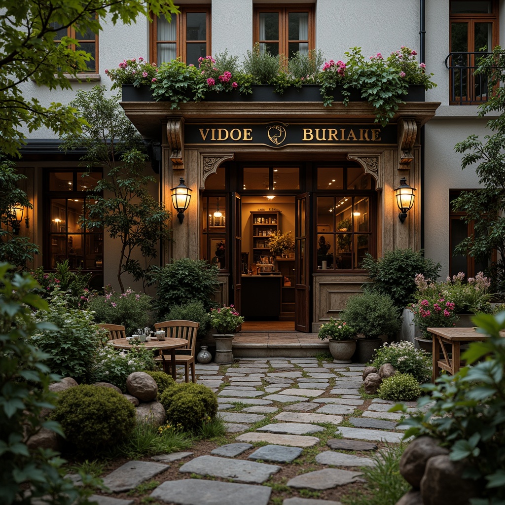 Prompt: Rustic pub exterior, ornate Baroque-style fa\u00e7ade, lush greenery, overflowing flower boxes, distressed wooden accents, vintage lanterns, meandering stone pathways, natural rock formations, moss-covered statues, whimsical topiaries, soft warm lighting, golden hour ambiance, shallow depth of field, 1/2 composition, intimate atmosphere, realistic textures, ambient occlusion.