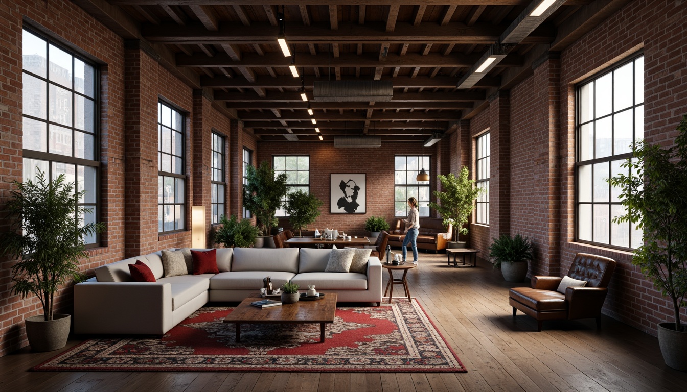 Prompt: Exposed brick walls, industrial metal beams, reclaimed wood accents, minimalist decor, urban loft atmosphere, soft warm glow, pendant lamps, floor-to-ceiling windows, natural light pouring in, cozy reading nooks, comfortable sectional sofas, modern art pieces, eclectic vintage furniture, distressed leather armchairs, rich textiles, moody color palette, dramatic shadows, high contrast lighting, 1/1 composition, cinematic mood, realistic renderings.