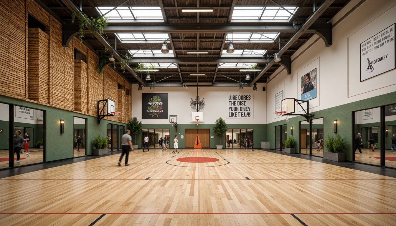 Prompt: Modern gymnasium building, eco-friendly materials, reclaimed wood flooring, bamboo walls, recycled metal beams, low-carbon concrete, green roofs, solar panels, natural ventilation systems, clerestory windows, abundant daylight, soft warm lighting, 3/4 composition, shallow depth of field, realistic textures, ambient occlusion, athletic equipment, basketball hoops, volleyball nets, exercise machines, mirrored walls, motivational quotes, inspirational posters, calm color scheme, earthy tones, wooden accents.